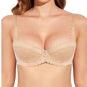 Women’s Nude Bra Underwire fresh fabric push up lace lightly tan 34C.